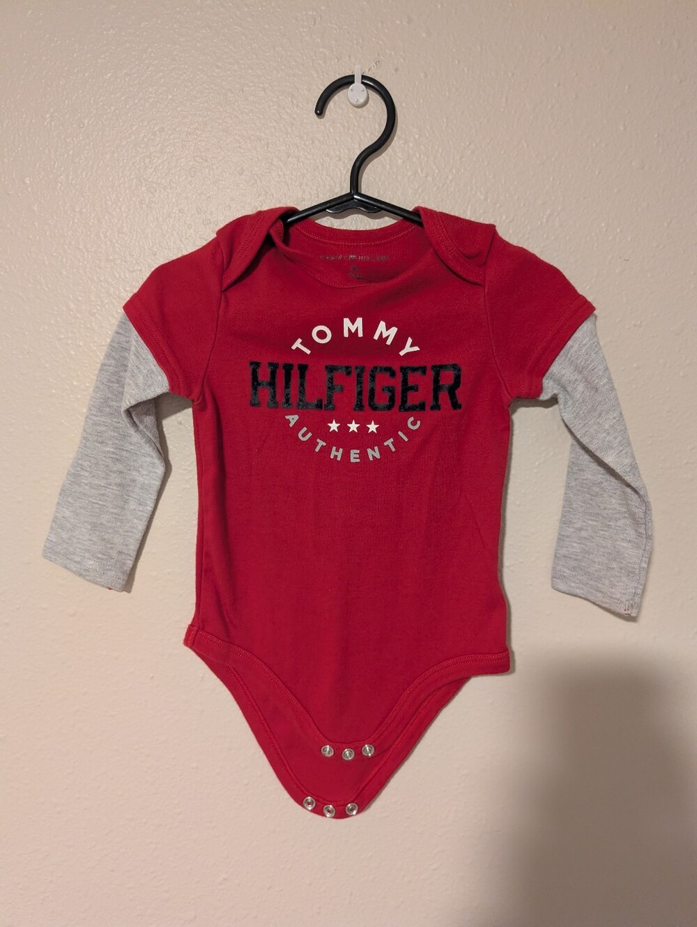 Tommy Hilfiger Red Bodysuit with Gray Sleeves, 18 Months